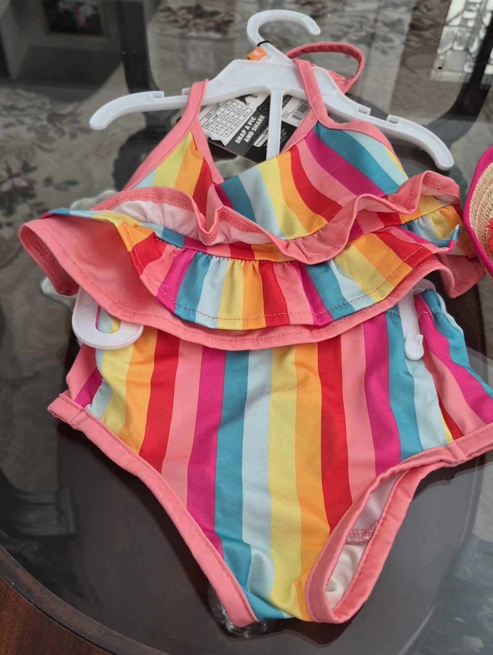 Rainbow Stripe One-Piece Swimsuit - Pink Trim